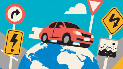 Illustration Of A Red Car Driving On A Globe, Surrounded By Different Road Signs Vector Design Template