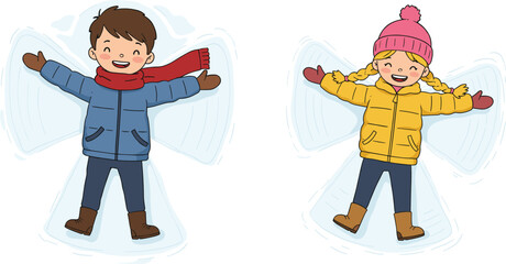 Happy children making snow angels, cute boy and girl smiling, kids enjoying winter fun, outdoor activity, holiday season, playful childhood moments