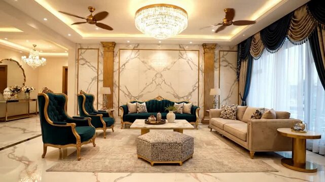 Luxurious and opulent living room scene that radiates elegance and grandeur, designed to impress with its rich materials and sophisticated detailing. 