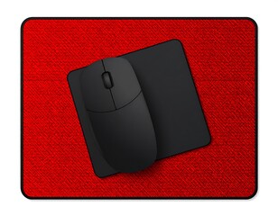 A black computer mouse on a red textured mousepad