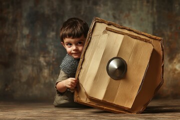 Young child plays hero with a cardboard shield in a cozy indoor setting