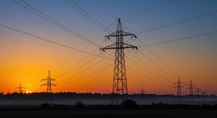 Fototapeta premium Electricity Pylons Silhouetted Against a Vibrant Orange and Blue Sunrise Sky