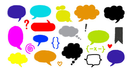 Illustration of colorful hand drawn speech bubbles and symbols isolated on transparent background
