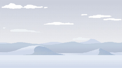 Pixel art background of a frozen landscape with snowy hills and cloudy sky. Minimal retro 8-bit style vector illustration for 2D games, digital art and fantasy environments. © ad_stock