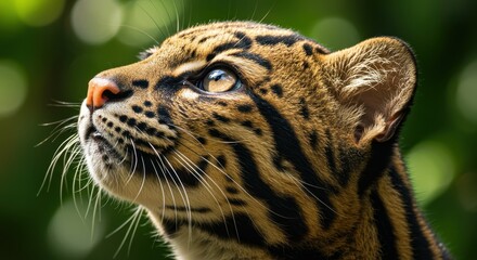 Naklejka premium Close-up profile of a spotted wild cat with bright eyes looking upwards against a green bokeh background