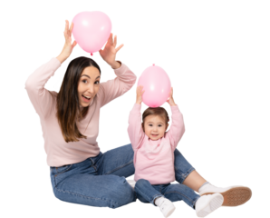 Young mother with little daughter sitting on floor with pink balloons isolated over transparent background. PNG transparent