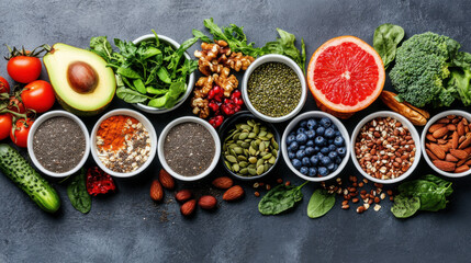 Healthy food selection with fruits, vegetables, seeds, superfood, cereals on gray background