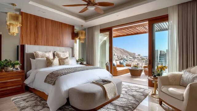 Luxury Bedroom with a Scenic View:  A spacious, elegantly appointed bedroom with a luxurious bed, warm wood accents, and large glass doors that open onto a stunning balcony with a picturesque view.
