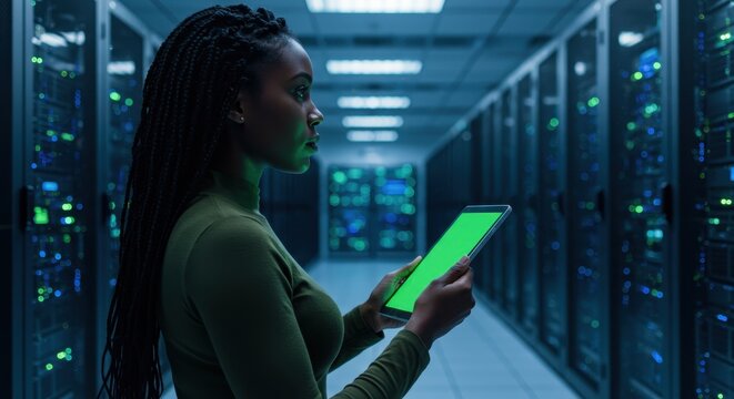 African American Woman Holding Green Screen Tablet in Data Center - Powered by Adobe