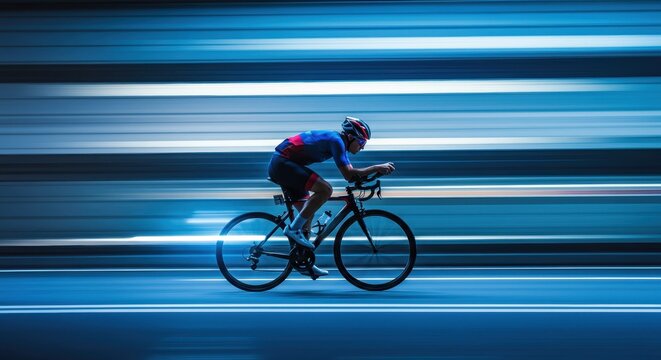 Cyclist riding a road bike at high speed with motion blur effect