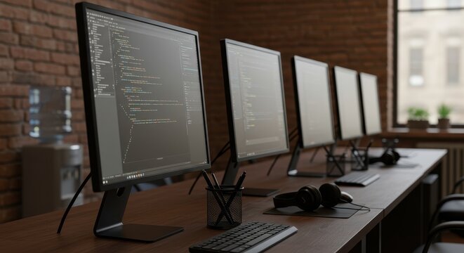 Modern office workspace with multiple computer monitors displaying code on wooden desk