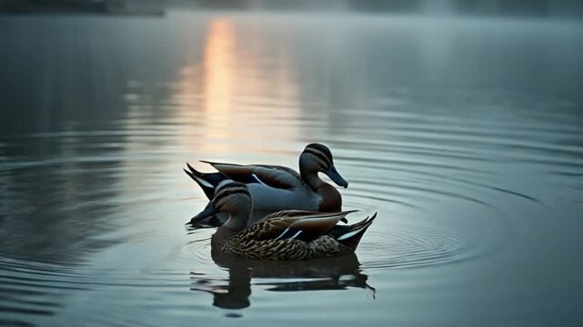 Rippling lake water with swimming ducks in gloomy sundown time