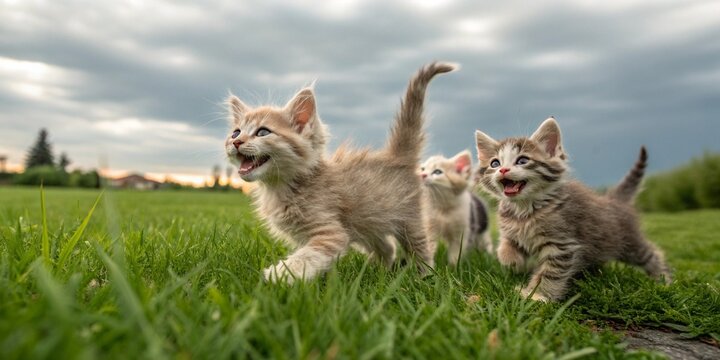 LaPerm kittens play together with a smile on a green lawn.