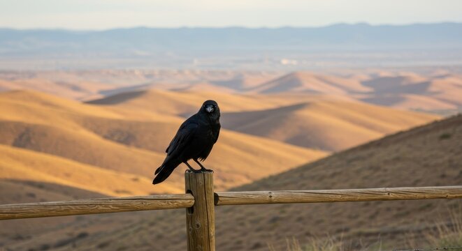 Black bird perched on a wooden fence post overlooking golden rolling hills