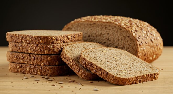 Whole grain bread loaf and slices with seeds on a wooden table - Powered by Adobe