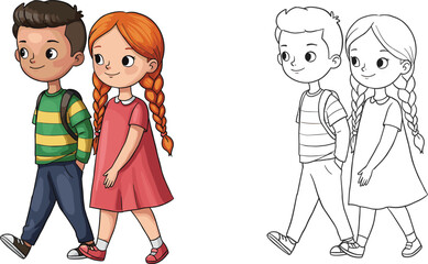 Cartoon school children walking together, boy with backpack, girl with braids, friendship illustration, coloring page, happy kids, casual clothes, outdoor fun