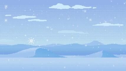 Seamless looping animation of a frozen pixel art landscape with snowy mountains and hills. Static land with moving clouds and falling snowflakes. Retro 8-bit style winter background for arcade games. - Powered by Adobe