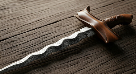 Photorealistic Vintage Keris on Rustic Wooden Surface