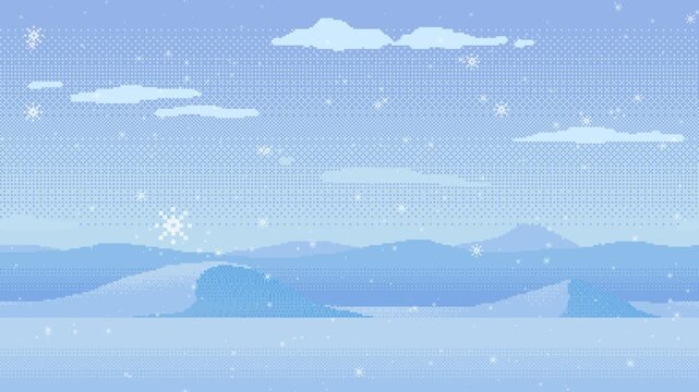Seamless looping animation of a frozen pixel art landscape with snowy mountains and hills. Static land with moving clouds and falling snowflakes. Retro 8-bit style winter background for arcade games.