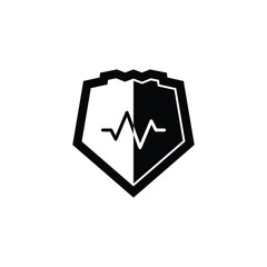 Vector illustration of a shield icon with a heartbeat line symbol in the center, designed in a clean black and white style. This emblem represents protection, security, health care, medical safety, an