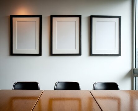 Three empty frames hang on a light gray wall above a light brown conference table.