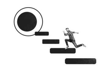 Composite photo collage of excited businessman run promotion ladder development portal success employment isolated on painted background