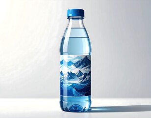 A blue water bottle with mountain artwork