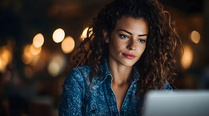 A young woman with curly hair concentrates on her laptop in a cozy dimly lit indoor space with warm bokeh lighting