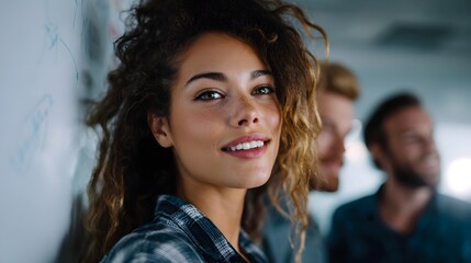 A smiling woman with curly hair in a bright office setting with colleagues blurred in the background during a collaborative meeting