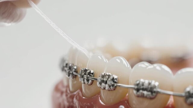 Flossing teeth with braces. Dental care and orthodontics hygiene for healthy smile concept. Medical footage.