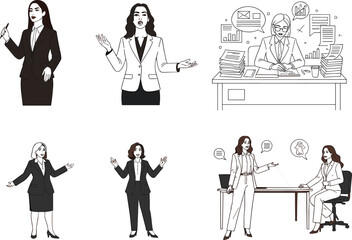 business, woman, office, meeting, presentation, multitasking, laptop, workspace, icon, vector, illustration, black, white, leadership, career, productivity, team, document, desk, role