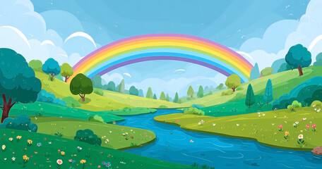 Fototapeta premium Vibrant riverside landscape with rainbow arching over lush green hills