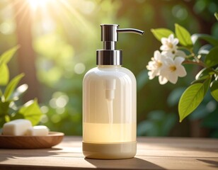 A bottle of creamy soap in a garden setting