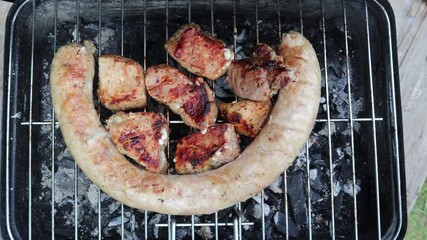 Delicious pork skewers and a long sausage grilling on a hot barbecue. Outdoor cooking during a picnic or backyard party on a summer day - Powered by Adobe