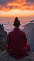 Serene figure red robe sits rocky ledge, gazing breathtaking sunset over sea of clouds. mountains create stunning backdrop, enhancing peaceful