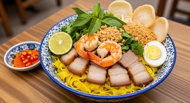 Delicious Vietnamese Cao Lau Noodle Dish with Shrimp and Pork.