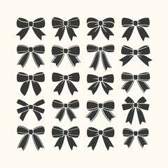 Vector art of a collection of 20 handdrawn black bows in various styles, isolated on a cream background, perfect for design elements and decorations