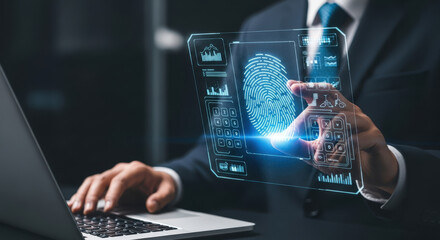 Futuristic Biometric Security System Concept with Fingerprint Scanning and Data Analysis on Transparent Interface for Secure Access and Identity Verification