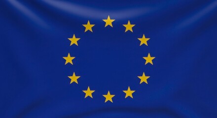 European Union flag waving prominently against a blue background with gold stars emblem