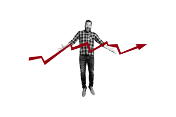 Composite photo collage of excited businessman jump promotion arrow development statistics career growth isolated on painted background