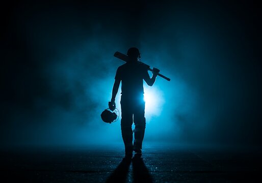Silhouette of a baseball player walking in the dark with a bat on his shoulder and helmet in hand, ready for the game with a dramatic light