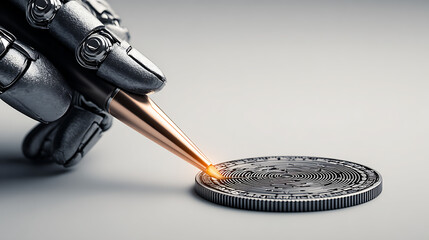 Robotic hand using a precision tool to interact with a detailed coin featuring concentric patterns