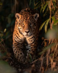 Jaguar Walking Silently Through Dense Rainforest Floor in Natural Habitat