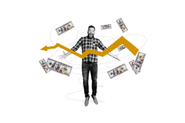 Composite photo collage of happy guy employee jump money income arrow achievement cash earnings dollar isolated on painted background