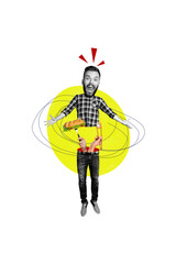 Vertical photo collage of happy man cut stomach body half sushi roll chopstick diet nutrition sandwich isolated on painted background