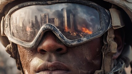 A soldier wearing scratched tactical goggles covered in dust. The reflection in his goggles shows a burning city with collapsing skyscrapers, raging fire, and black smoke filling the sky. 