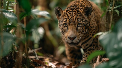 Jaguar Walking Silently Through Dense Rainforest Floor in Natural Habitat
