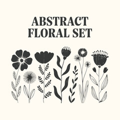 Vector art of abstract floral set with various stylized flowers and botanical elements in a minimalist black and white design, perfect for graphic design and illustration projects
