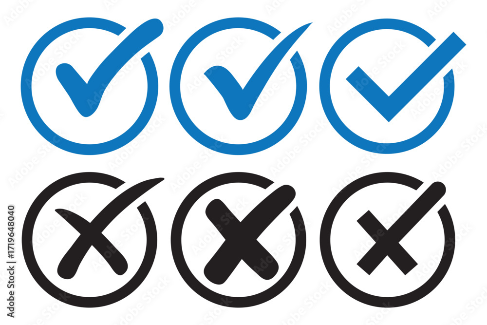 Aufkleber check mark and cross mark icons set. green check marks and red cross mark icon button.green tick ok 