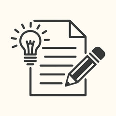 Vector art of a stylized illustration of a light bulb with radiating lines, a document with horizontal lines, and a pencil, symbolizing creativity, ideas, writing, and education